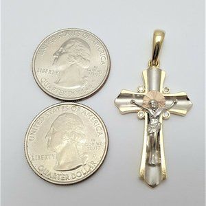 Beautiful 14K Karat Solid Tri Tone Gold Designer Cross Charm Pendant w/ Cz's